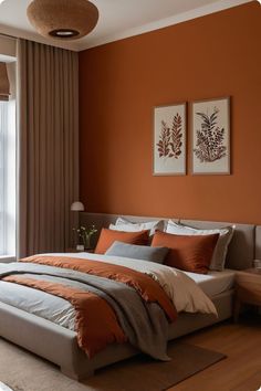 an orange and grey bedroom with two pictures on the wall above the bed, along with a large window