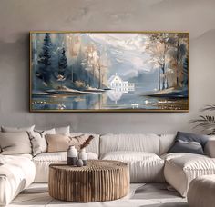 a living room with a large painting on the wall