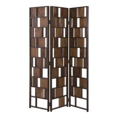 a tall wooden room divider with multiple squares on the sides and one section open