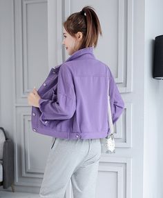 Lilac Denim Short Jacket | Choerry - Loona L Oversized Hooded Jacket, Fashion Chingu, Cropped Blazer Jacket, Types Of Coats, Sequin Blazer, Striped Jacket, Cropped Blazer, Denim Short, Corduroy Jacket