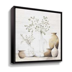 three vases with flowers in them on a white background framed canvas wall art print