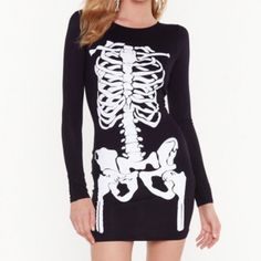 Stretchy Material Halloween Skeleton Dress New Never Worn With Tags! Black Fitted Mini Dress For Halloween, Witchy Mini Dress For Halloween Costume Party, Black Stretch Dress For Halloween, Edgy Dresses For Fall Costume Party, Edgy Dresses For Costume Party In Fall, Halloween Long Sleeve Stretch Mini Dress, Halloween Mini Dress, Halloween Bodycon Mini Dress For Night Out, Witchy Mini Dress For Halloween