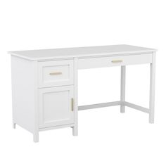 a white desk with two drawers on the top and one drawer open at the bottom