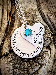 "Personalized hand stamped adoption necklace. Gift for adoption day. Gift for new daughter. Adopted daughter gifts. Adoption day jewelry. Custom adoption gifts. Daughter gift. Blended family gifts. Hand stamped and made to order. Made from a 1\" aluminum disc. Stamped with, \"Wanted. Chosen. Loved. Adopted.\" with dots in between. A 3/4\" aluminum heart is stamped with the child's name and included is a sparkly Swarovski crystal birthstone. Please see last photo for birthstone chart. All items a Hand Stamped Jewelry For Father's Day, Hand Stamped Jewelry For Father's Day Personalized Gift, Meaningful Hand Stamped Jewelry For Birthday, Meaningful Hand Stamped Jewelry For Birthday Gift, Valentine's Day Birthday Stamped Jewelry, Birthstone Chart, Birth Stones Chart, Adoption Gifts, Adoption Day