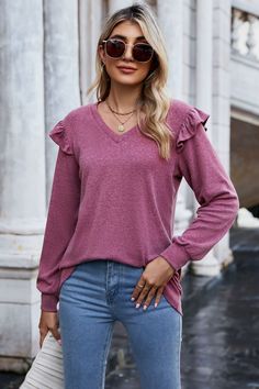 Ruffle Shoulder V-Neck Long Sleeve Top Winter V-neck Top With Ruffles, Spring V-neck Ruffled Sweater, Fall V-neck Ruffled Tops, V-neck Ruffled Sweater For Fall, Fall Ruffled V-neck Tops, Trendy Heather Tops For Fall, Cheap Clothing, Long Sleeve Tops Casual, Long Sleeve Print Dress