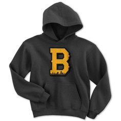 Black & Gold Big Block B Youth Hoodie - Chowdaheadz Black Sports Hoodie With Branding, Yellow Crew Neck Hoodie With Letter Print, Band Merch Hooded Sweatshirt With Letter Print, Black Color Block Sports Hoodie, Black Hooded Hoodie With Logo Patch, Block B, Hockey Fans, Youth Hoodies, Winter Day