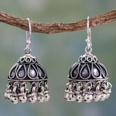 Fair Trade Jewelry Sterling Silver Chandelier Earrings - Silver Bells | NOVICA Silver Jwellary, Desi Jewellery, Sterling Silver Flower Necklace, Oxidised Earrings, Silver Chandelier Earrings, Silver Flower Necklace, Silver Chandelier, Fair Trade Jewelry, Indian Jewellery Design Earrings