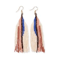 Camielle Abstract Stripe Beaded Fringe Earrings Rust + Lapis LONG FRINGE Beige Bohemian Earrings With Colorful Beads, Cream Bohemian Earrings For Summer, Bohemian Cream Drop Earrings, Bohemian Cream Earrings For Summer, Summer Bohemian Cream Earrings, Beige Beaded Bohemian Earrings, Bohemian Beaded Beige Earrings, Adjustable Cream Beaded Earrings, Bohemian Cream Beaded Earrings With Dangling Beads