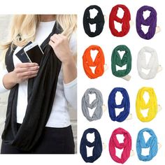 Infinity Scarf With Zipper Pocket Women Convertible Soft Loop Ring Neck Scarves --100% Brand New and high quality polyester with Pocket design. --Ring Convertible Infinity Scarf  Loop Zipper Bag Portable. --Fashion Design, soft and comfortable. --Can put some small items to this pocket Bag , Storage function frees hands. --Length: about 50 x 180 cm Package include: --1 x Infinity Scarf Note: Please note the item might be slightly different in Color or Brightness from the picture. PaymentDelivery Scarf Women Winter, Pocket Scarves, Travel Scarf, Stylish Scarves, Women Scarf, Loop Scarf, Circle Scarf, Matches Fashion, Neck Scarves