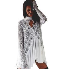 Women's Mini Long Sleeve V Neck Bohemian Chic Party Dress Fitted V-neck Boho Dress For Party, Bohemian V-neck Midi Dress For Party, Bohemian V-neck Midi Dress For Night Out, Bohemian Maxi Dress With Lace Patchwork For Parties, Spring Chiffon Lace Dress With Lace Trim, V-neck Vacation Dress With Lace Sleeves, V-neck Mini Dress With Lace Sleeves For Party, Elegant White V-neck Boho Dress, Flowy Lace Dress For Party