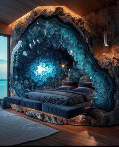 a bedroom with a large rock wall next to the ocean and a bed in front of it