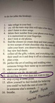 an open book with writing on it and a purple marker pointing to the page that says, do not eat after the breakup take refuge in your bed cry till tears