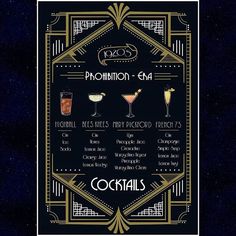 an art deco poster with cocktails and drinks on the menu for prohibition caa