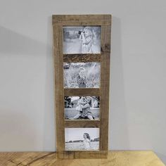 a wooden frame with four photos hanging on it