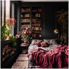 a bedroom with bookshelves and plants in the corner