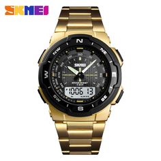 Color: glod Time Alarm, Mens Sport Watches, Mens Fashion Watches, Watch Fashion, Waterproof Watch, Men's Watches, Luxury Watches For Men, Stainless Steel Band, Stainless Steel Watch