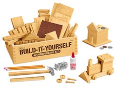 the woodenworking kit includes tools such as building blocks, pencils, and glue