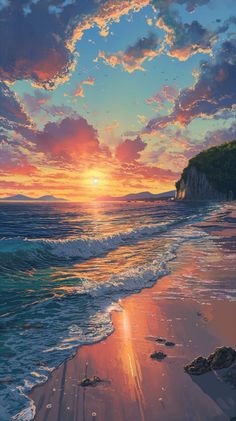 a painting of the sun setting over an ocean with waves coming in from the shore