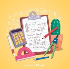 a clipboard with writing on it next to pencils, calculator and other school supplies