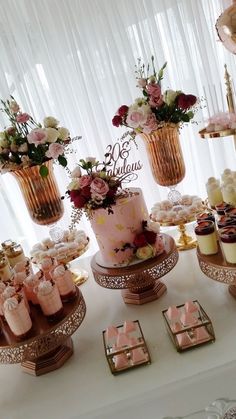 a table topped with lots of cakes and desserts