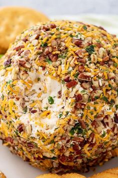 a cheese ball on a plate with crackers