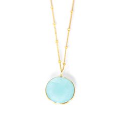 Our beautiful Hannah necklace is simple yet elegant. You can dress up or down with any of our other pieces of jewellery.   Each stone is organically cut and unique, with no two stones looking the same making each jewellery very special.    This Aqua Chalcedony stone is known to be a sacred stone to the Native Americans, using it to promote stability during their ceremonial activities. It is still in use today for meditations.  The Aqua Chalcedony is associated with the throat chakra. This stone is believed to help with stage fright and public speaking. 14k Gold Vermeil Sterling Silver Aqua Chalcedony Gemstone Size of stone 16mm diameter  All of our stones are natural and ethically sourced.  Our jewellery is presented in a gorgeous green and gold box. Turquoise Chalcedony Gemstone Necklace, Chalcedony Natural Stone Round Necklaces, Chalcedony Necklaces With Natural Stones, Everyday Round Necklaces With Natural Stones, Large Stone Round Necklace, Round Necklaces With Large Stone, Modern Round Natural Stone Necklaces, Chalcedony Gemstone Round Pendant Necklace, Yellow Gold Chalcedony Gemstone Necklace