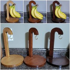 four pictures of bananas hanging from hooks on the wall, and one has a banana holder attached to it