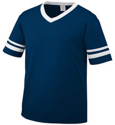 a blue shirt with white stripes on the sleeves