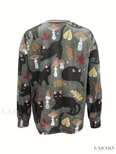 Lasaky - Womens Casual Long Sleeve Crew Neck Sweatshirt with Black Cat and Mushroom Print - A Stylish Addition to Your Wardrobe Cat And Mushroom, Mushroom Print, Womens Casual, Black Cat, Casual Women, Crew Neck Sweatshirt, Stuffed Mushrooms, Crew Neck, Wardrobe