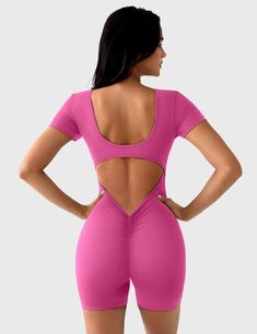 The Lizvette Romper is a stylish, functional choice for fitness lovers. Made from soft double-sided fleece, it features a U-shaped neckline and open back for elegance. The scrunch butt V-back detail enhances your curves, making it ideal for yoga, Pilates, and workouts!   Feature     U-shaped wide neckline and open back  Deep V and scrunch butt  Removable cup pads  Anti-squat, compression  Double-sided fleece fabric  4.5-inch inseam     Fabric    75% Nylon + 25% Spandex    Model Measurements    M Shorts Bodysuit, Romper For Women, Scrunch Shorts, Sport Bra Top, Short Sleeve Romper, Sleeved Romper, V Cuts, Top Sales, Gym Wear