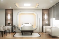 a modern bedroom with white furniture and wood flooring, along with a large round window