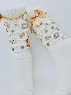 Indulge in the opulence of our gold embellished junk socks, where comfort meets extravagance. Crafted from the finest materials, these unique socks feature exquisite gold detailing that elevates your loungewear to a statement of luxury. Perfect for those who appreciate the art of casual elegance, they offer a delightful blend of whimsy and sophistication, making them an essential addition to your wardrobe. Embrace the allure of indulgence with every step you take. Charm Socks, Cute Socks Aesthetic, Junk Socks, Bling Socks, Crystal Socks, Gold Socks, Balloon Bouquet Diy, Socks Aesthetic, Bling Shirts