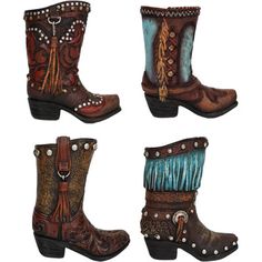 four pairs of cowboy boots with fringes and beads on the sides, all in different colors