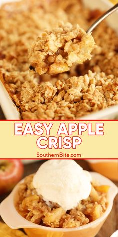 an easy apple crisp is served with ice cream