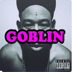 a black and white photo with the word gobin on it's forehead, in pink