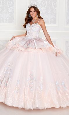 Here's a Princesa by Ariana Vara quinceañera dress with a removable skirt that gives you two gorgeous looks in one. The full and fabulous ball-gown style skirt is perfect for the formal ceremony and can be removed to create a fun and flirty short quince dress with a high-low skirt that makes dancing at your party a breeze. A beautiful blend of embroidered lace, Chantilly lace, and glitter tulle, this quinceañera dress is a sweet and sassy design. Beading and stone accents add a dash of sparkle, Dress Quinceanera, Quince Dress, Prom Designs, Prom Girl, Gowns Of Elegance, Chantilly Lace, Designer Gowns, Quinceanera Dresses, Embroidered Lace