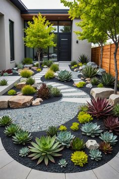 an outdoor garden with rocks, plants and stones on the ground in front of a house