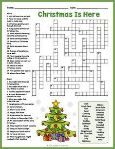 the christmas is here crossword puzzle game for adults and children with answers to help them find