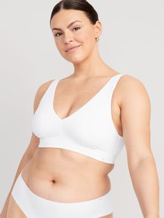 deep v-neck wide straps elastic-banded hem fitted high coverage hits above ribcage light support for a-c cups xs = 34a, 32b cup sizes s = 32c, 34b, 36a cup sizes m = 34c, 34d, 36B, 36c, 38b cup sizes l = 34d, 34dd, 36c, 36d, 38b, 40b cup sizes xl = 38dd, 40d, 40dd cup sizes xxl = 42d, 42dd cup sizes models are approx.  5'9" and wear sizes s (4), l (12), and xl (18)machine wash according to the care instruction label Fitted Bra With Seamless Construction And Wide Straps, Fitted Seamless Nursing Bra With Wide Straps, Seamless Fitted Nursing Bra With Wide Straps, Stretch Nursing Bra With Wide Straps, Fitted Seamless Nursing Bra, White Stretch Nursing Bra With Medium Bust Support, Shaping Seamless White Bra, White Fitted Full Coverage Sports Bra, Fitted No-show Sports Bra With Built-in Bra