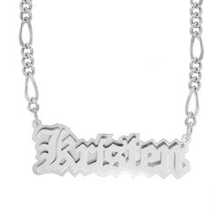 Sterling Silver / Figaro Chain Double Plated Nameplate Necklace "Kristen" With Figaro Chain Silver Engraved Name Necklace, Silver Engraved Metal Name Necklace, Silver Anniversary Name Necklace, Silver Nameplate Custom Necklace, Silver Metal Nameplate Necklace, Custom Name Silver Necklaces, Nameplate Jewelry In Stainless Steel, Anniversary Silver Name Necklace With Figaro Chain, Custom Silver Nameplate Necklace