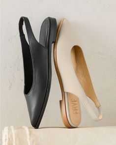 This sleek leather slingback is the perfect finishing touch for casual looks, holiday outfits, and everything in between. Fashioned with a pointed toe to elongate the leg, an elasticized slingback strap for perfect-fit ease, and a flat silhouette for day-to-night comfort.  By Frye. Elastic on one side of slingback strap. Leather-wrapped footbed. Leather and man-made sole. Chic Medium Width Slip-on Slingback Pumps, Trendy Leather Flat Heel Slingback Pumps, Leather Slingback Pumps For Fall, Trendy Leather Slingback Pumps With Pointed Toe, Fall Slingback Pumps With Heel Strap, Leather Lined Flat Heel Slingback Pumps, Sleek Leather Slingback Pumps For Summer, Chic Everyday Slingback Pumps With Removable Insole, Elegant Everyday Leather Slingback Pumps