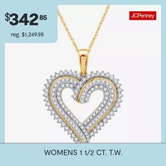 Diamond Clarity: I2-I3Jewelry Closure: Spring Ring ClaspLink Construction: SolidSetting: ProngShape: HeartStone Cut: RoundDiamond Color: G-HMetal Color: YellowChain Length: 18 InchPendant Length: 35mmPendant Width: 27.5mmRounded Carat Weight: 1 1/2 Ct. T.w.Chain Construction: BoxCare: Wipe CleanStone Type: 131 Lab Grown DiamondAuthenticity: Lab Grown DiamondBirthstone: April BirthstoneMetal: 14k Gold Over Silver, Sterling SilverNecklace Type: Pendant NecklacesCountry of Origin: Imported Diamond Cut Heart Necklace, Diamond Heart Necklace With 17 Jewels, Diamond Cut Necklaces For Mother's Day, 17 Jewels Heart Necklace For Anniversary, Yellow Gold Double Heart Jewelry, Yellow Gold Hallmarked Jewelry, Hallmarked Yellow Gold Jewelry, Yellow Gold Heart Necklace For Anniversary, Yellow Gold Heart Necklace Fine Jewelry