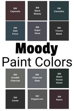 the words mood paint colors are shown in black and white, with different shades to choose from