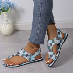 Category:Sandals; Upper Materials:PU; Season:Summer; Heel Type:Flat Heel; Gender:Women's; Size Suggestion:Please refer to the size chart to place an order; Activity:Walking; Toe Shape:Open Toe; Outsole Materials:Rubber; Occasion:Beach; Closure Type:Magic Tape; Pattern:Color Block; Listing Date:05/31/2024; Production mode:External procurement; Size chart date source:Provided by Supplier. Summer Flat Shoes, Tape Pattern, Sandals Flat, Skirts With Boots, Summer Flats, Womens Summer Shoes, Hemp Rope, Casual Slippers, Blue Sandals