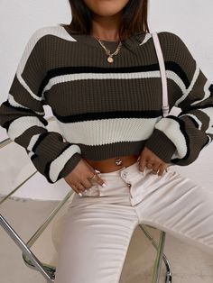 Drop Shoulder Sweater, Pullover Outfit, Looks Chic, Shoulder Sweater, Striped Knit, Cute Casual Outfits, Teen Fashion, Look Fashion