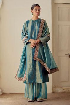 Shop for Mimamsaa Blue Zaaya Tissue Silk Kurta Pant Set for Women Online at Aza Fashions Tissue Kurta Designs Women, Tissue Suits Design Indian, Silk Indian Suits, Tissue Silk Suit Design, Tissue Fabric Suit Design, Tissue Suits Design Pakistani, Tissue Cloth Dresses, Tissue Dupatta Designs, Tissue Silk Suit