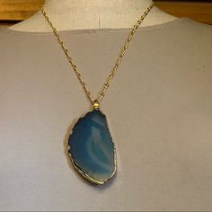 Beautiful Blue Sliced Agate Pendant With Electroplated Gold Edges Matching Brass Gold Plated Chain Necklace Total Length While Wearing Is 14�” With The Pendant Being Approximately 2.75” In Length Hand Crafted Jewelry, Brass Gold, Blue Agate, Crafted Jewelry, Agate Pendant, Gold Plated Chains, Beautiful Blue, Blue Gold, Handcrafted Jewelry