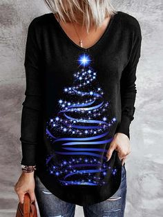 Black Casual V Neck Christmas Tree Printed Long Sleeve Blouse - Azzlee Christmas Tree Print, Fashion Gallery, Womens Loungewear, Tree Print, Sleeves Pattern, Long Sleeve Cardigan, Black Casual, Comfy Outfits, Long Sleeve Sweatshirts