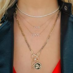 Love Statement 14K Gold Necklace Charm Love Script, Pave Necklace, Diamond Tennis Necklace, Eye Details, Gold Charm Necklace, Gold Diamond Necklace, 14k Gold Necklace, Diamond Charm, Necklace Charm