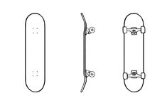 three skateboards are shown in black and white, one has a longboard on it